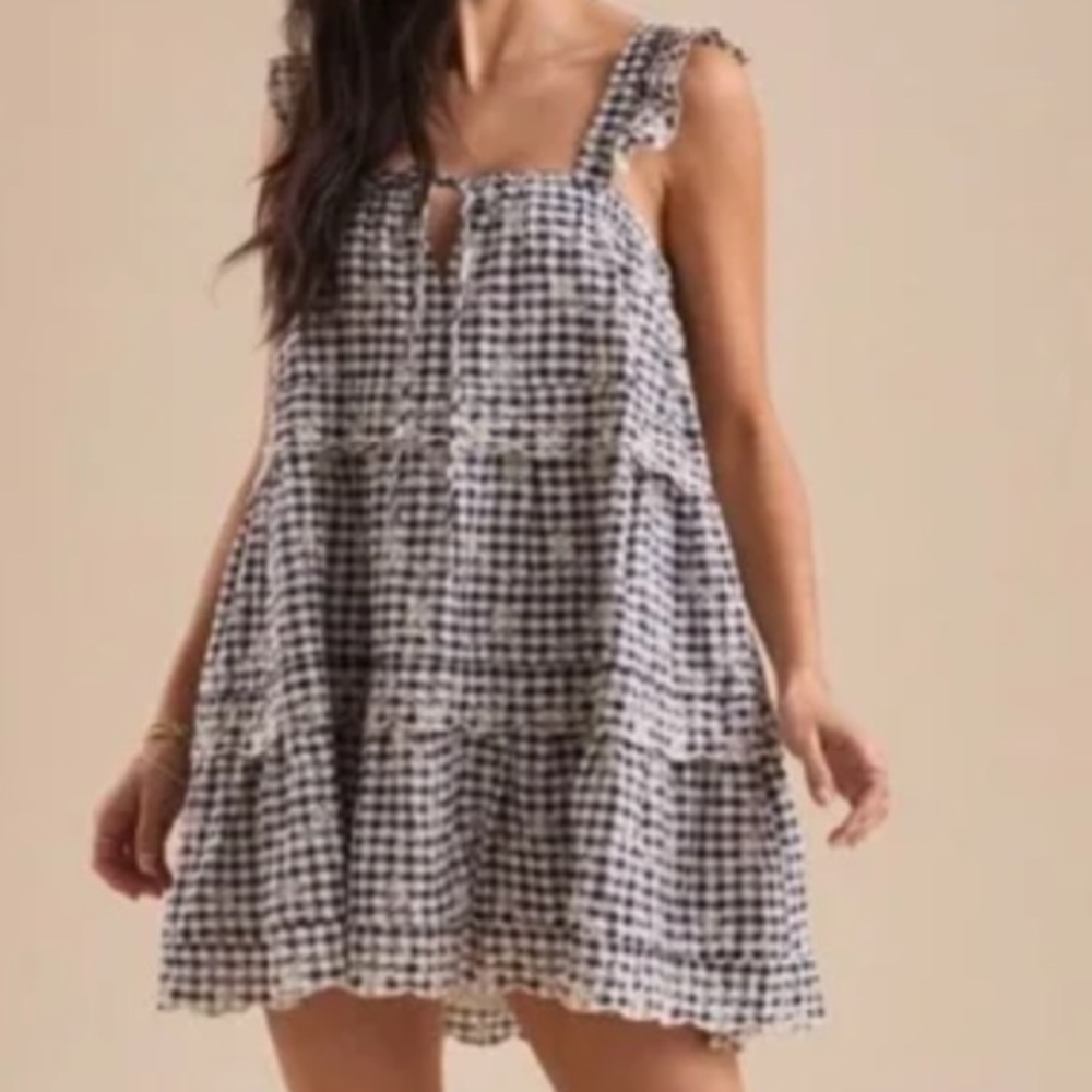 Altar’d State Women XS Gingham Eyelet Sleeveless Tiered Haylin Mini Dress NWOT